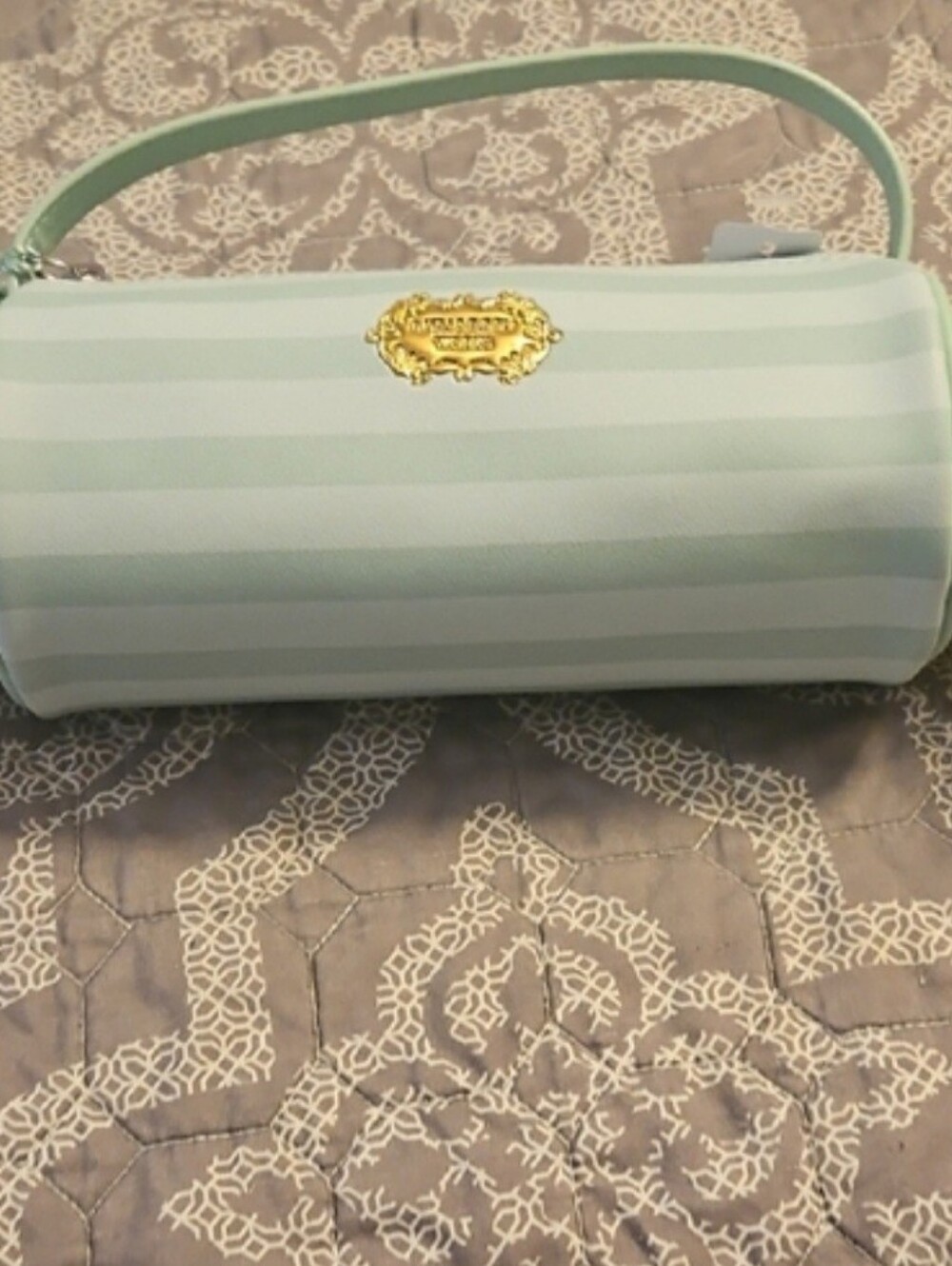 Mint Green Striped Handbag with Pink Ribbon Accents